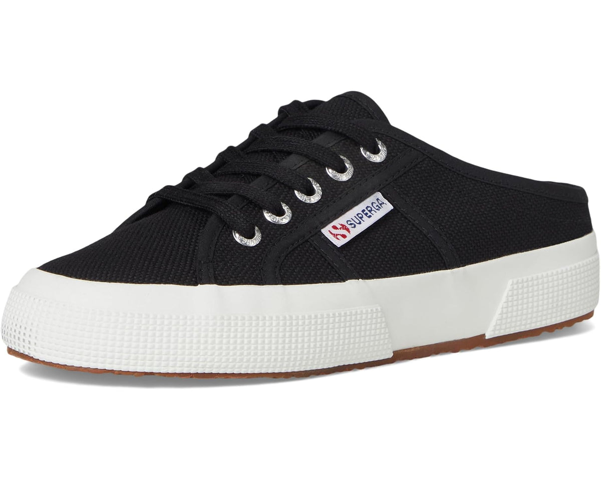 Black canvas lace-up mule sneakers with white sole and Superga tongue logo patch.