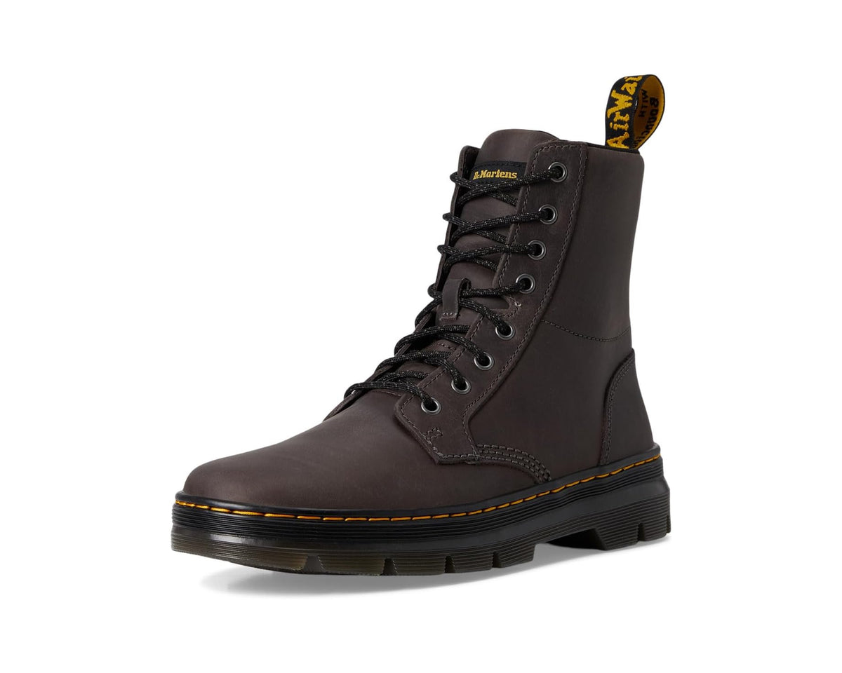 Front view of gunmetal leather lace-up boot with black laces and yellow welt