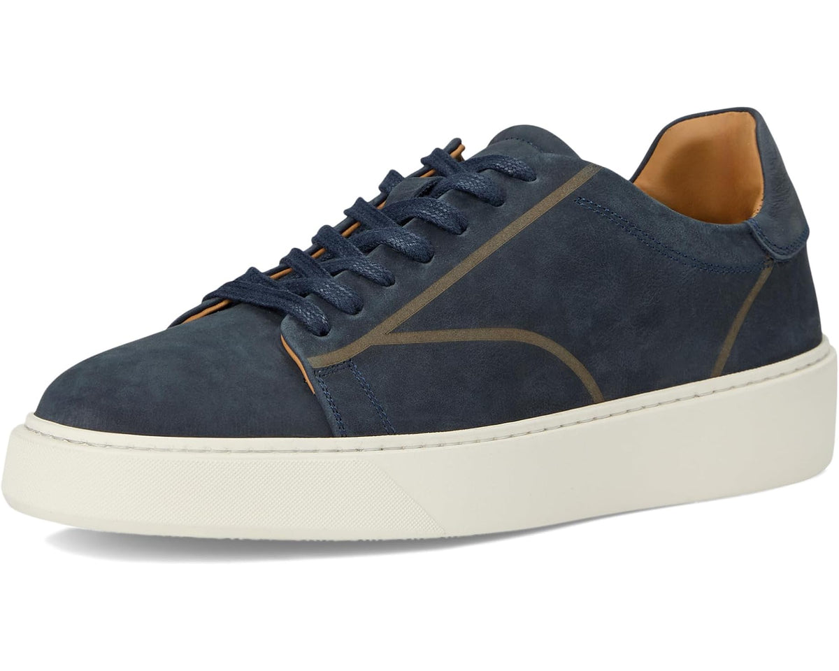 Navy suede lace-up sneakers with gold stripe panels and white rubber sole