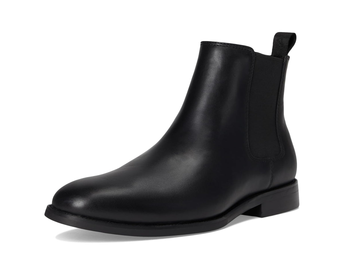 Black leather Chelsea boots with side elastic and low stacked heel
