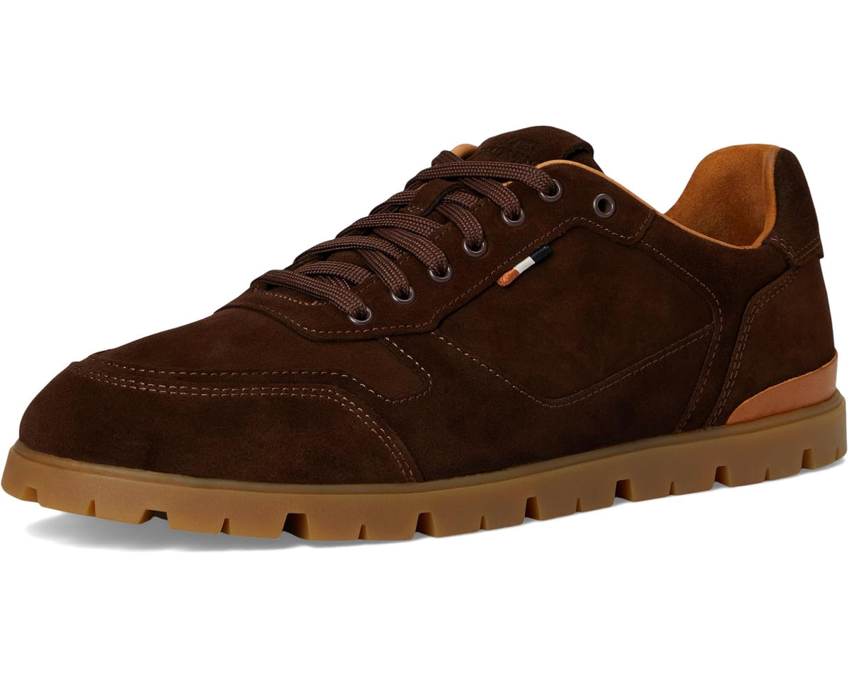 Men's Vail polo sneakers front three-quarter view in dark brown suede