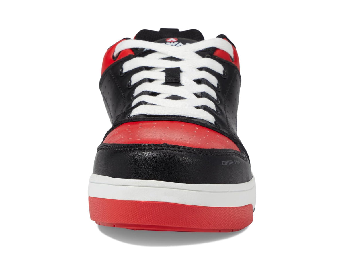 Men's back view lace-up work sneaker with red toe cap and white stripe detailing