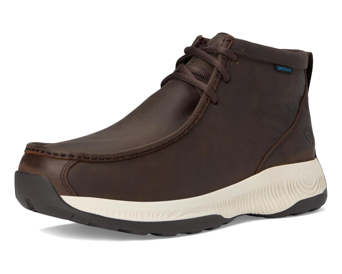 Ariat waterproof all-terrain chukka boots in dark coffee, front 3/4 view with lace-up