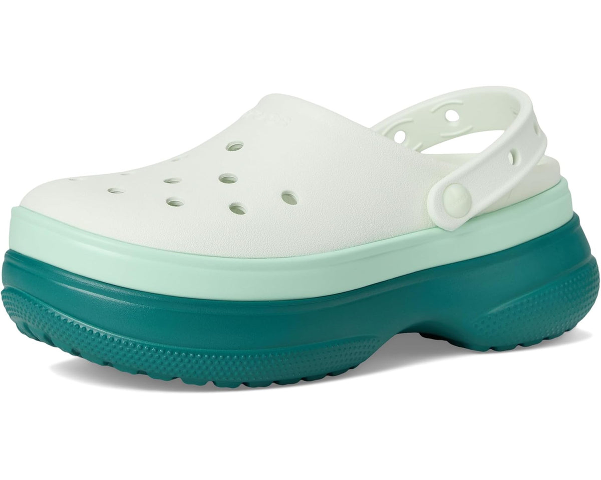 Crocs unisex Hosta platform clogs, white upper with teal outsole and vent holes