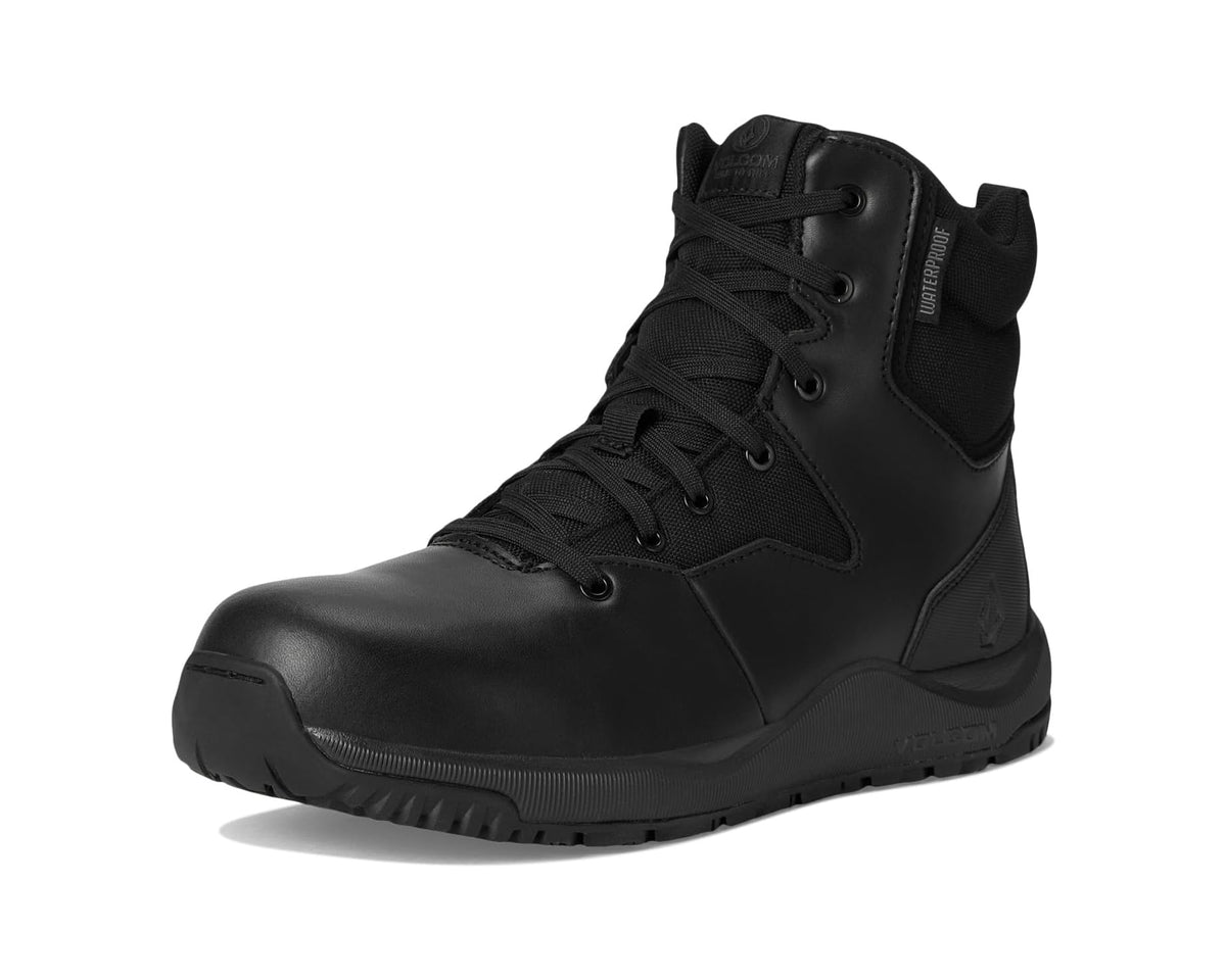 Black waterproof tactical boots with lace-up front and rugged rubber toe cap