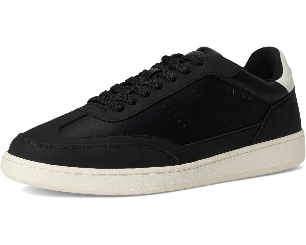 Black and white lace-up low-top sneaker with textured upper and white sidewall sole