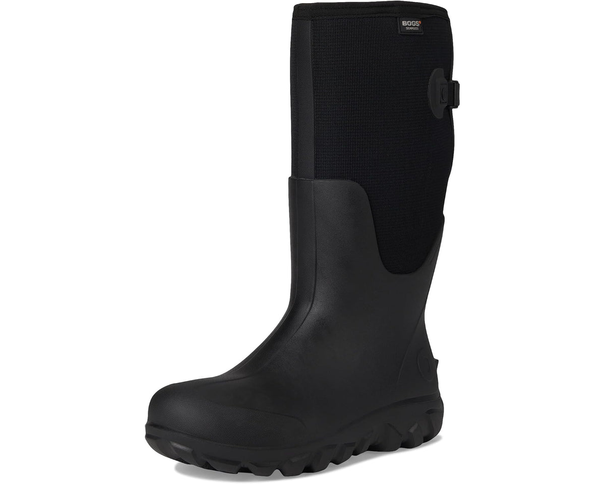Men's Bogs tall black rubber boots, side view with adjustable calf strap