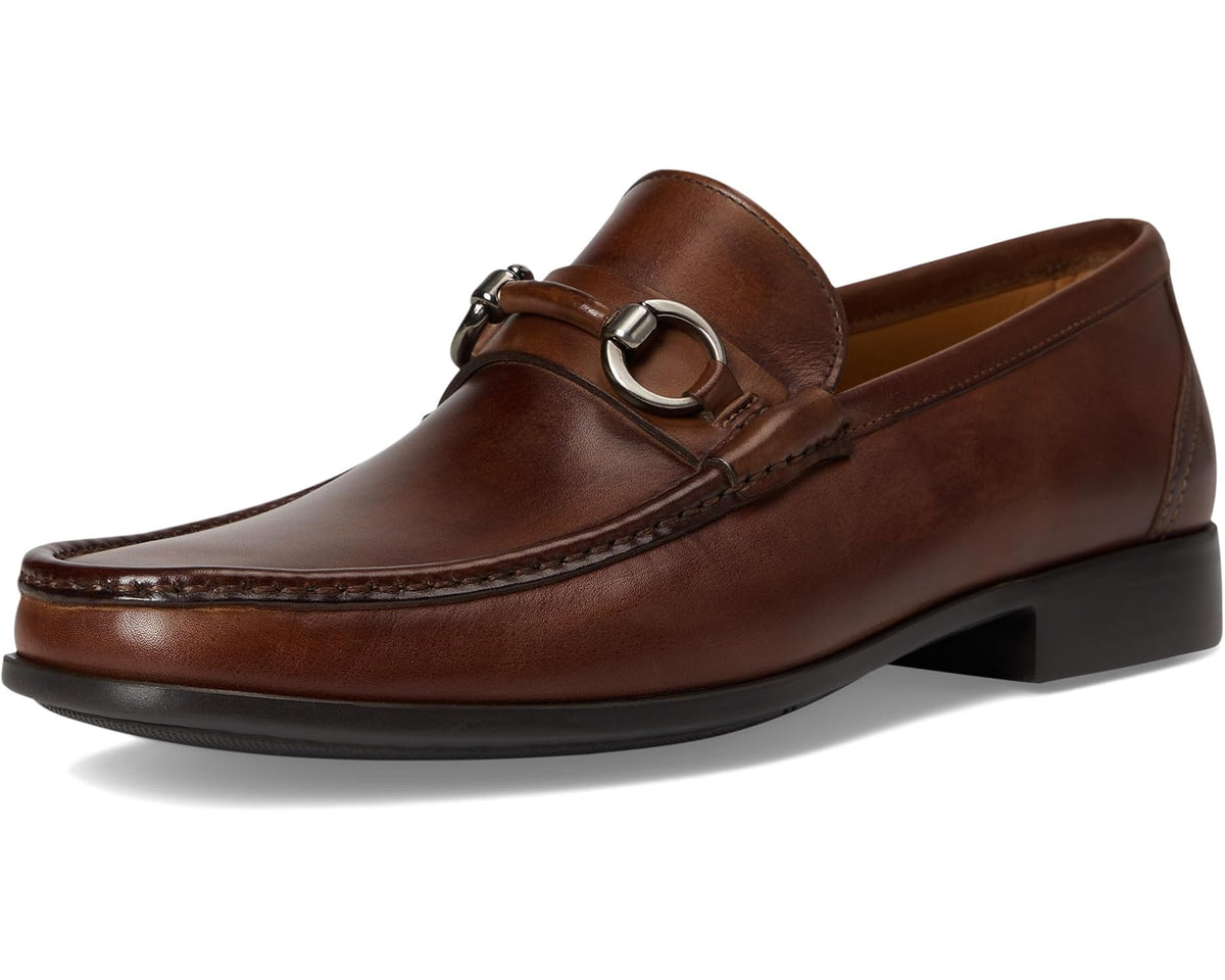Tabaco leather loafers with circular bit hardware, moc toe stitching, and low block heel