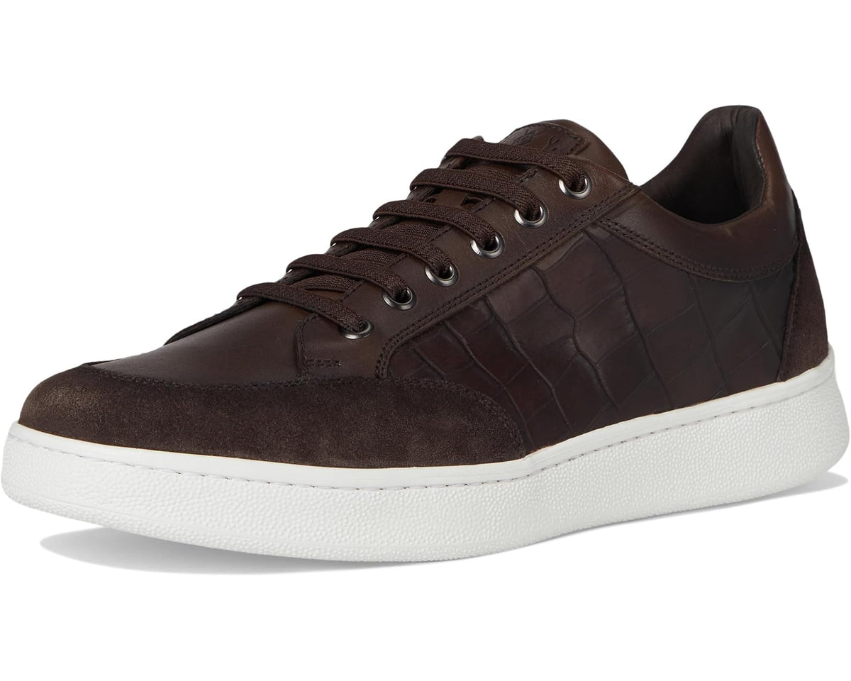 Dark brown lace-up sneakers with low profile and white rubber sole