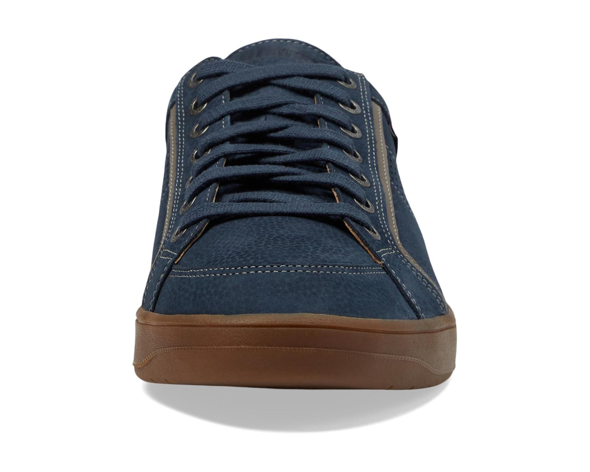 Mephisto Harrison sneaker from above in blue with lace-up front and gum sole