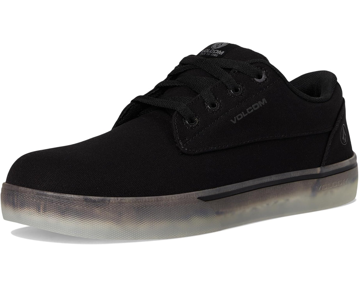 Black low-top lace-up sneaker with round toe and cushioned collar