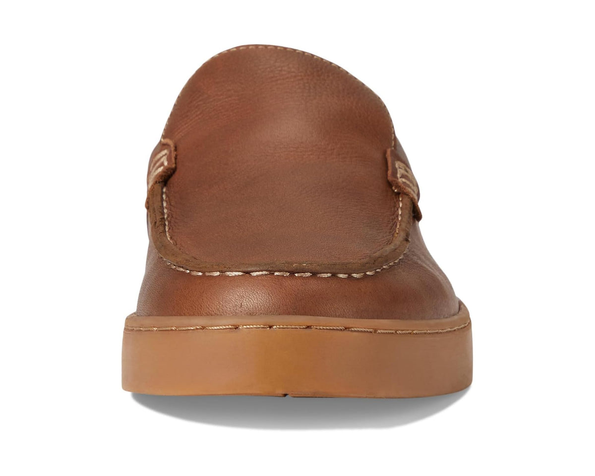 Tan leather-look men's loafer heel view with rounded toe and stitched collar