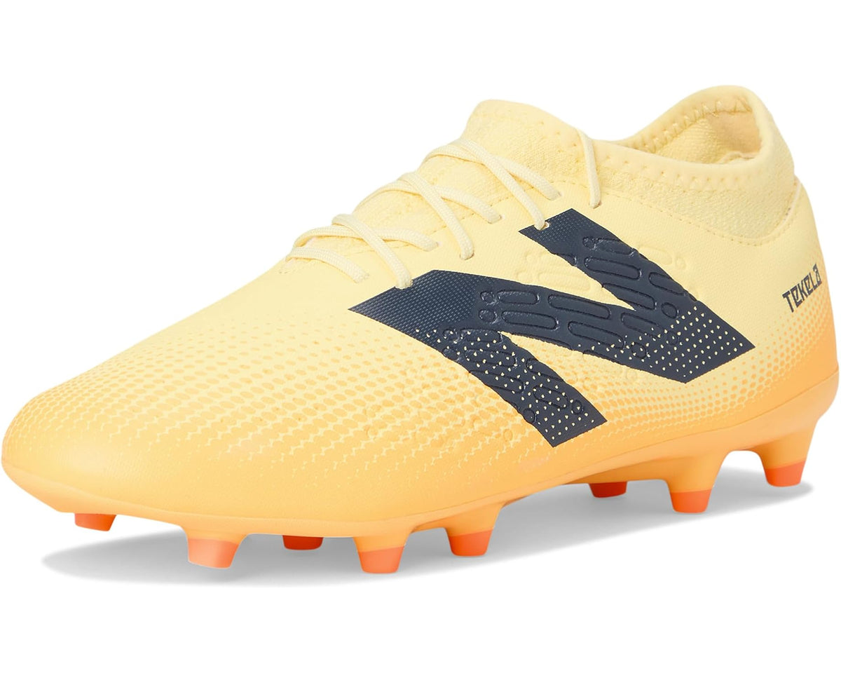 Unisex light yellow soccer cleats with navy stripes and orange FG studs
