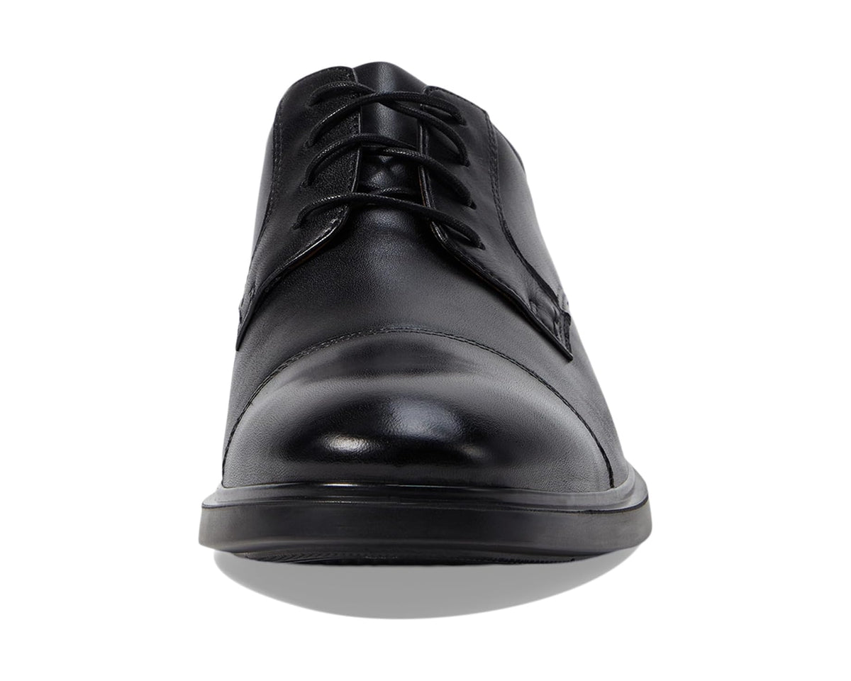 Men's waterproof oxford shoe front view, black smooth leather cap toe and lace-up