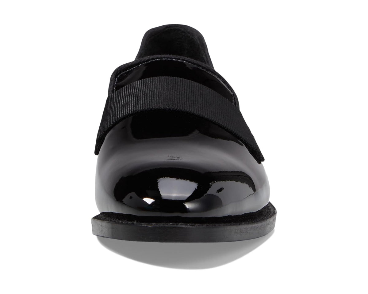 Black patent leather loafer front view with wide strap opening