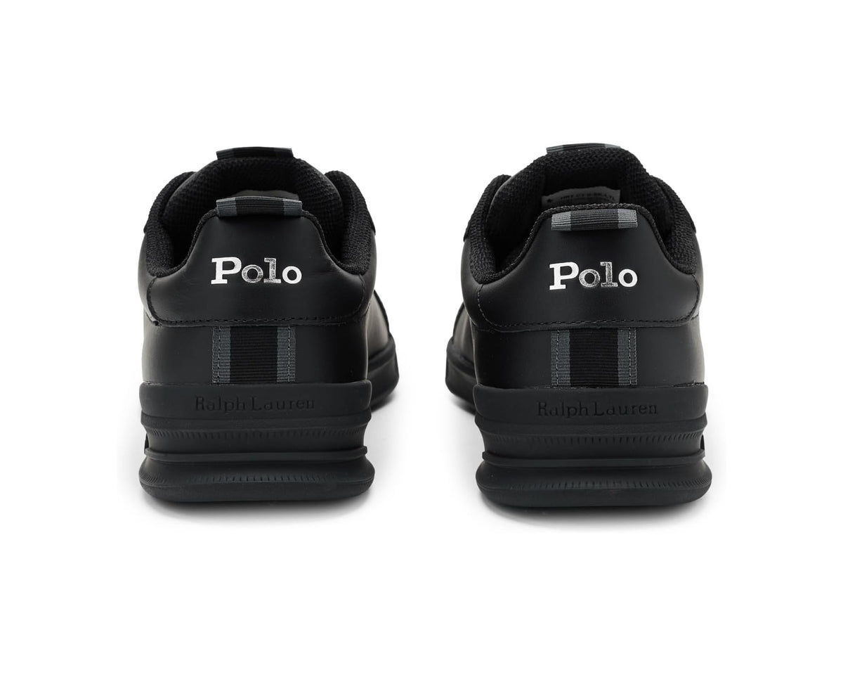 Black leather sneakers with back heel tabs showing Polo branding