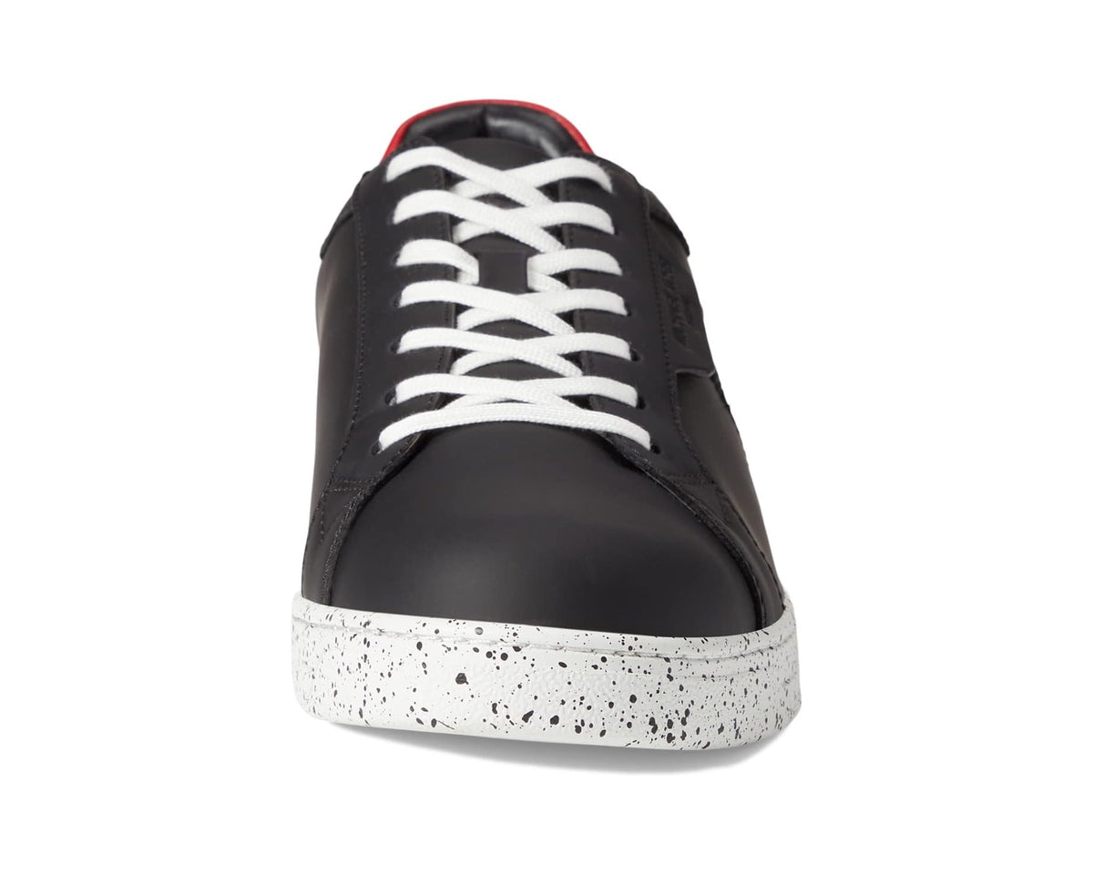 Men's Michael Kors Keating front view sneakers, black leather with white lace-up and platform sole
