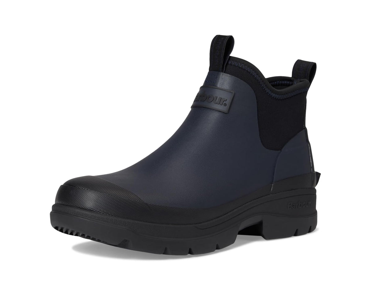 Navy Barbour Ridge chelsea rain boot with elastic gores, pull tabs, and lug sole