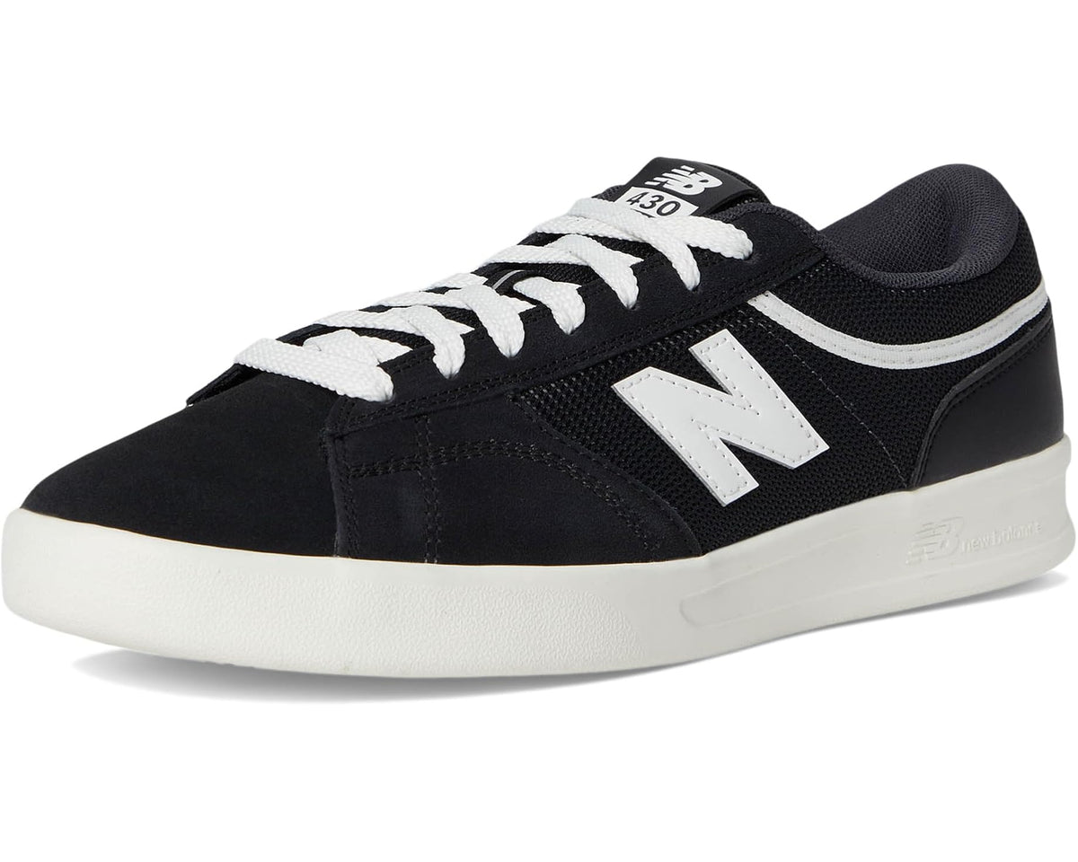 Unisex New Balance Numeric 430 black sneakers with white lace overlay and low sole