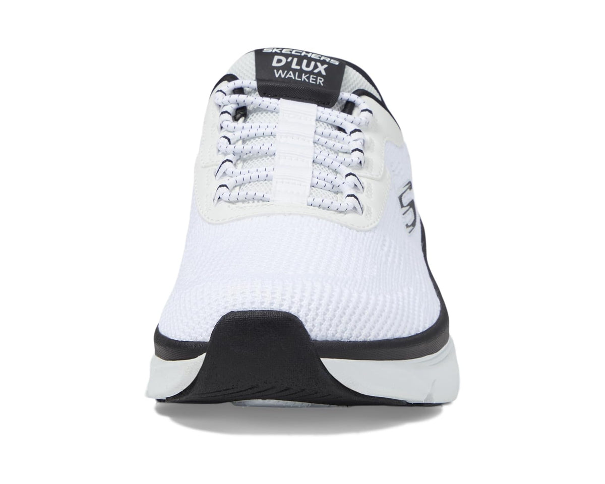 Front view of white hands-free slip-in sneaker with black toe and lace eyelets