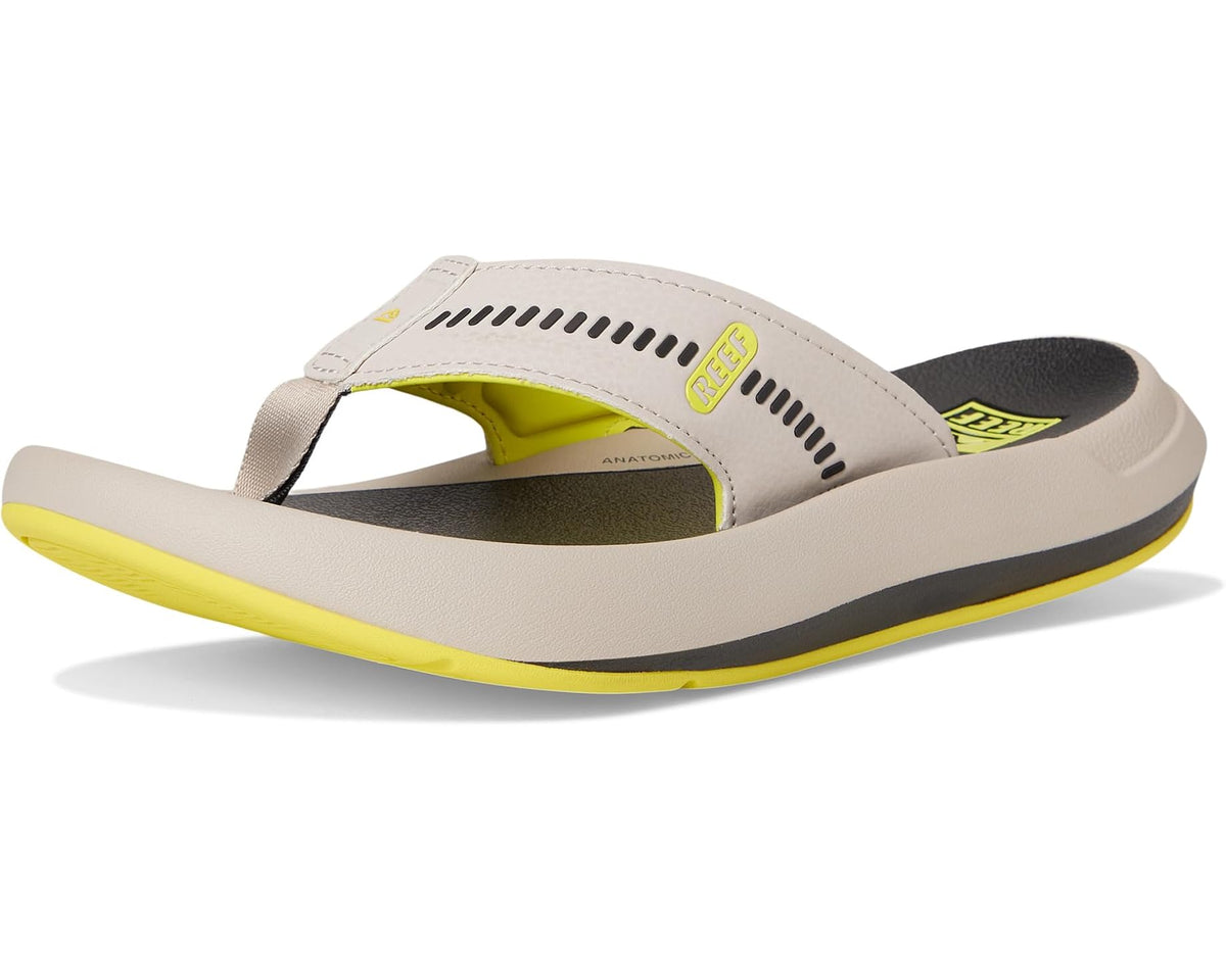 Men's Reef slip-on sandals, light gray upper with lime outsole and perforated detailing