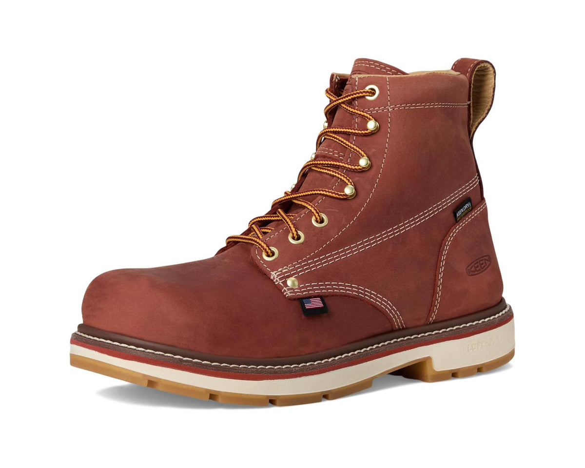 Men's brown lace-up work boot with stitched seams, pull tab, and gum-style outsole