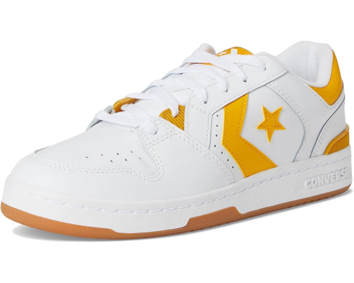 Converse low-top sneakers, white with yellow chevron panel and orange gum sole