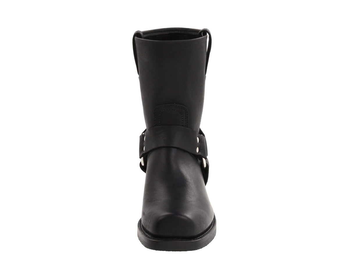 Men's black leather boots with ankle harness strap and round toe