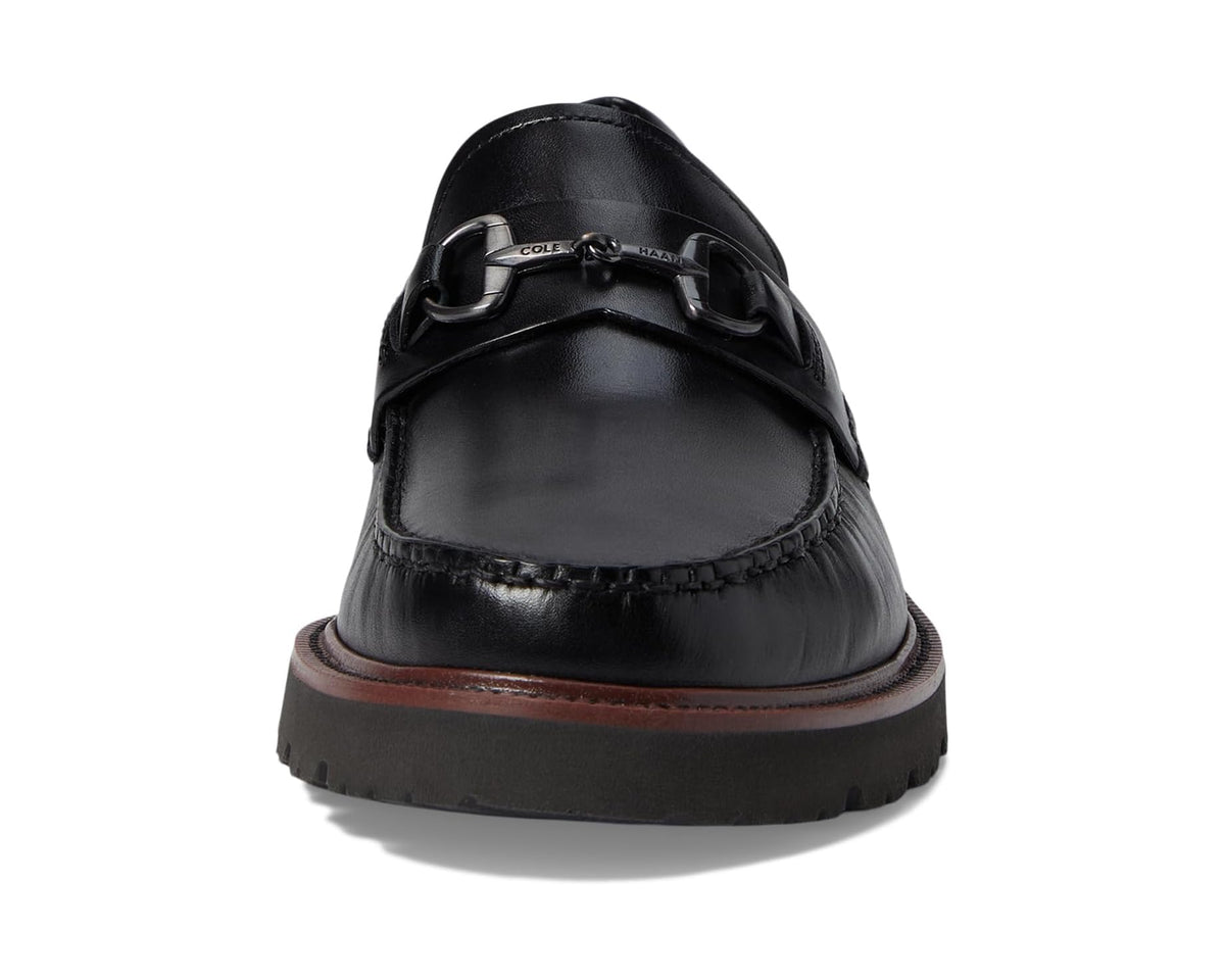 Black leather bit loafer back view with heel bumper and double buckle strap