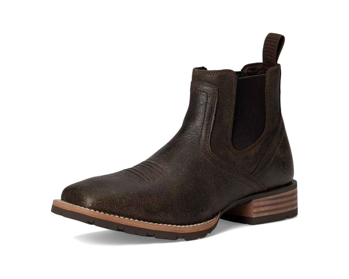 Men's acorn brown low Western Chelsea boots with pull tabs, elastic side panels, leather-look finish