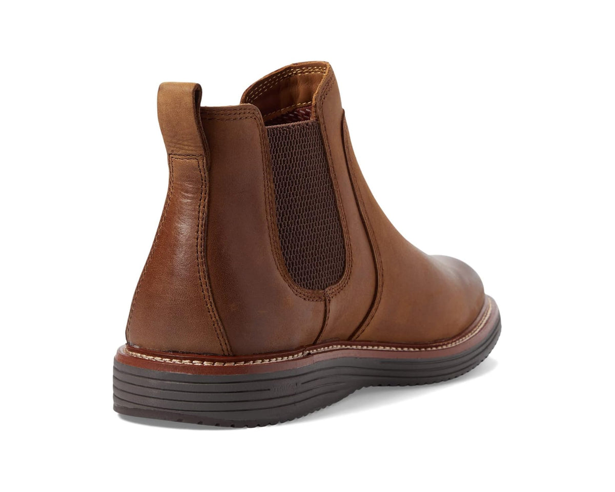 Johnston & Murphy Upton Chelsea boot, brown leather back view with heel pull tab