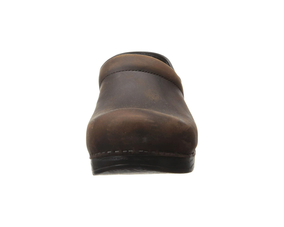 Antique brown oiled leather clog, rear view with stitched heel and back seam