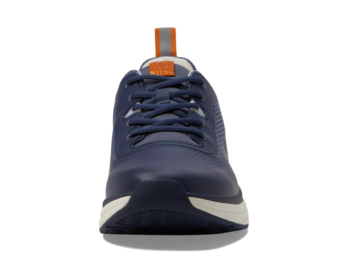Men's washed indigo lace-up sneakers front view with orange tag at tongue