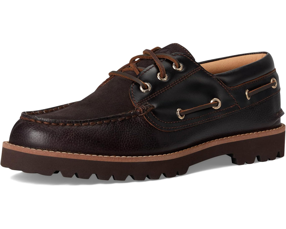 Men's Sperry Newton 3-eye dark brown boat shoe, three-quarter view with rugged sole