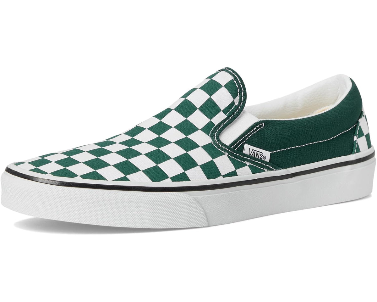 Unisex Vans Classic slip-on sneaker, green-and-white checkerboard print, low profile