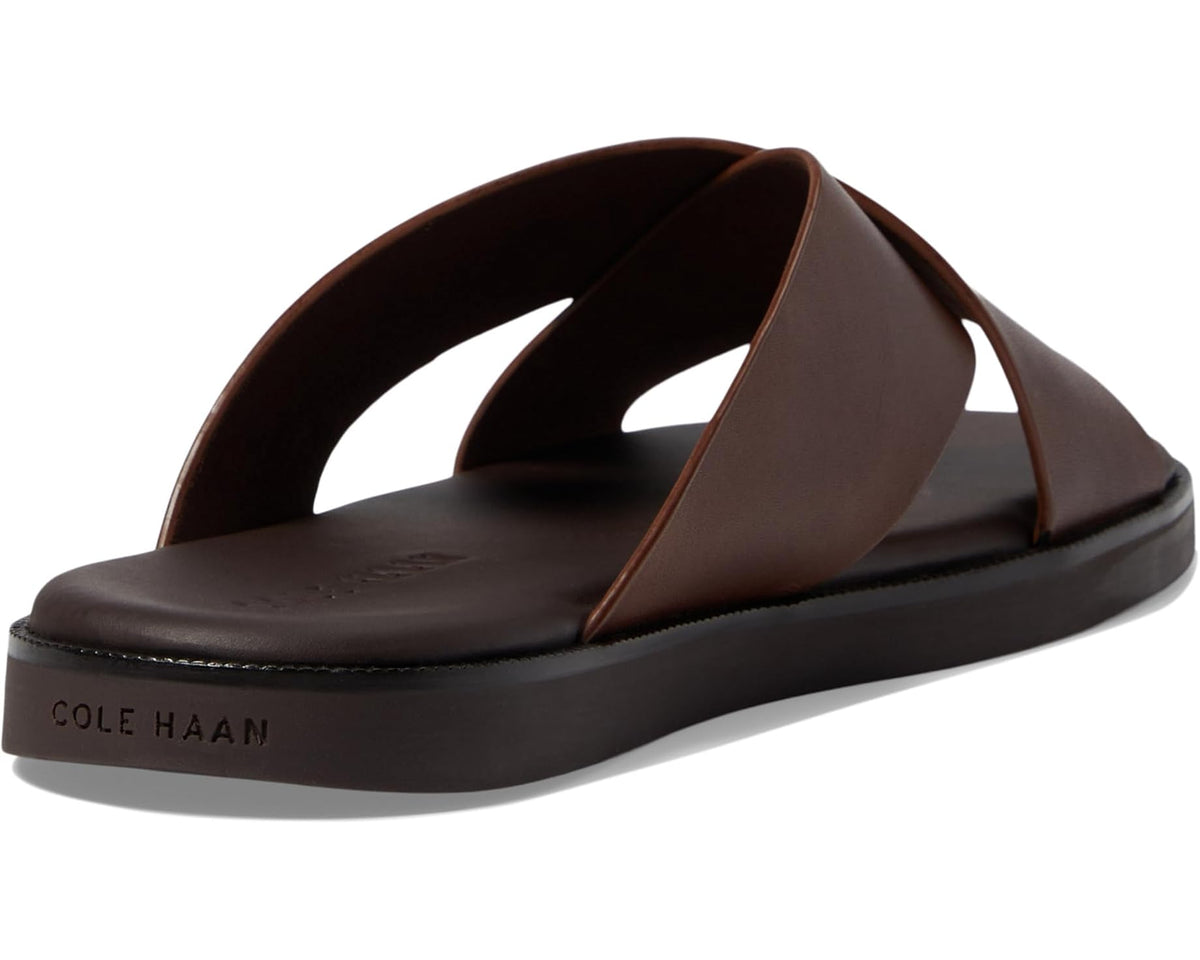Men's dark brown leather slide sandals with COLE HAAN logo and cushioned footbed