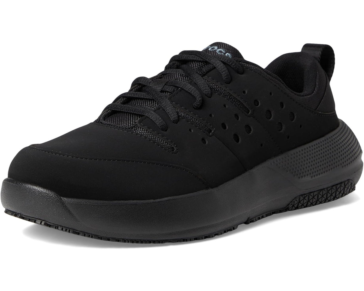Triple-black men's work sneaker with perforated upper and lace-up closure
