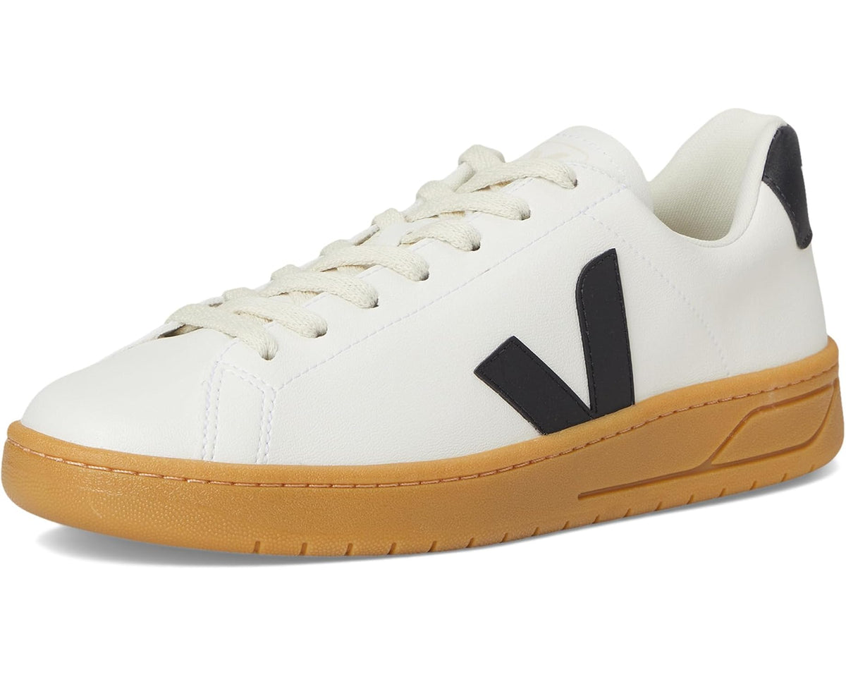 Men's VEJA Urca low-top sneakers, white leather, black V logo, tan gum outsole