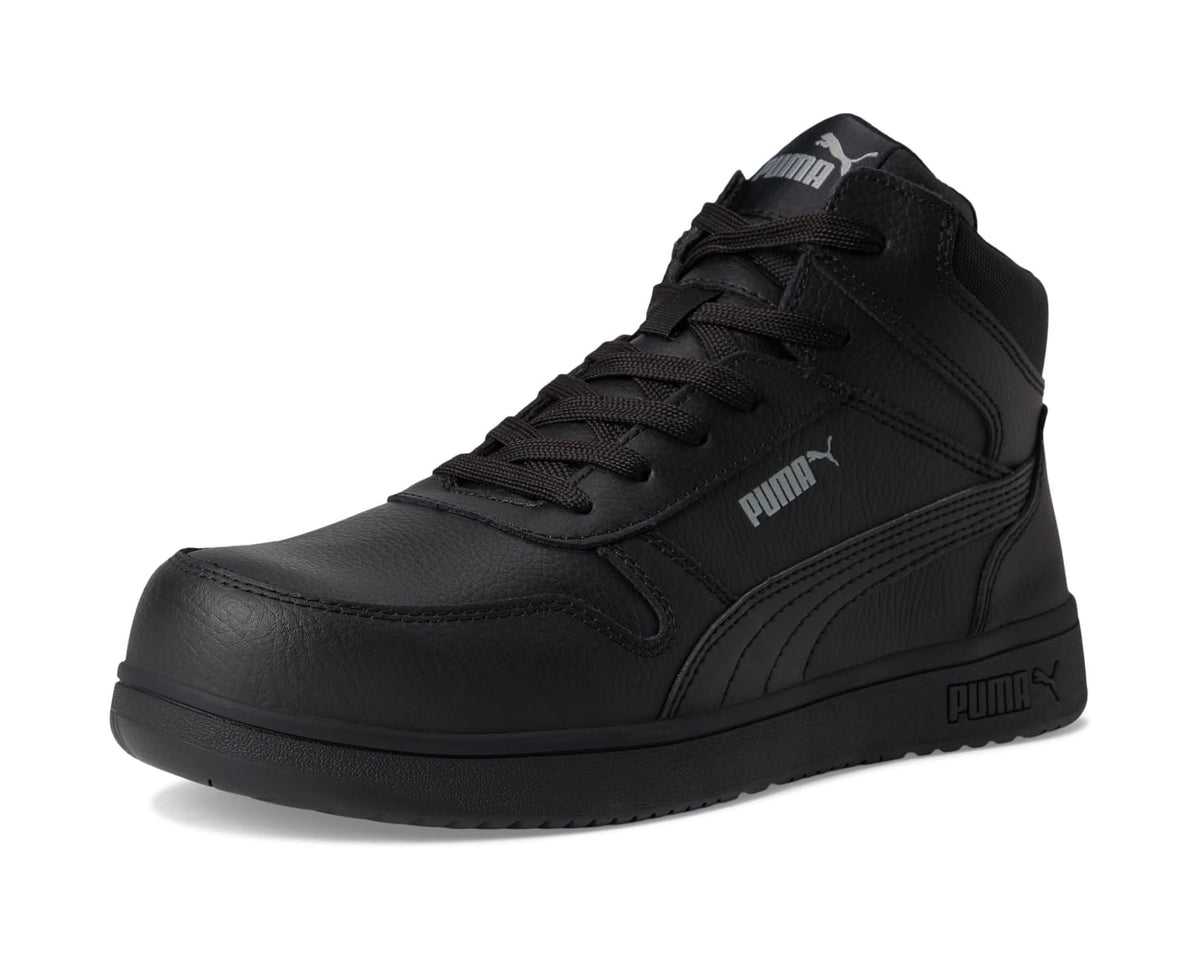 Black PUMA safety mid sneaker, lace-up leather upper with cushioned collar padding.