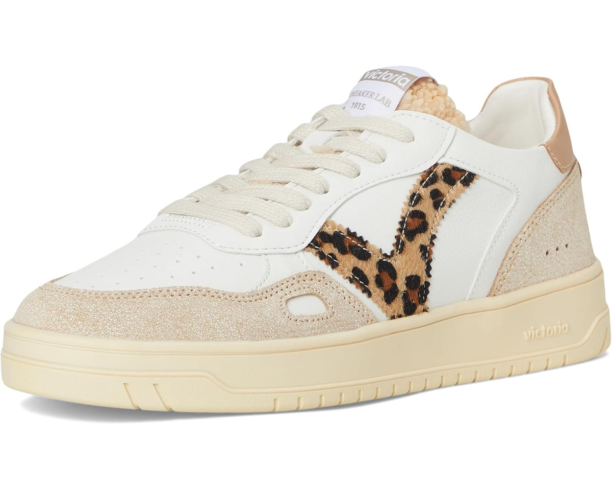Unisex low-top sneakers front view, white laces, leopard stripe, and beige-camel trim