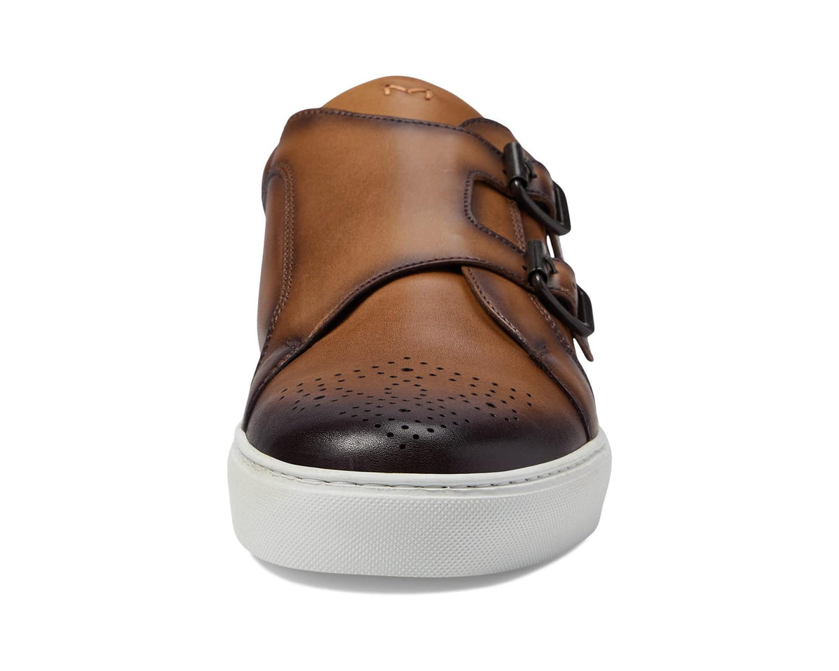 Pecan brown leather sneaker with side buckles and perforated toe pattern