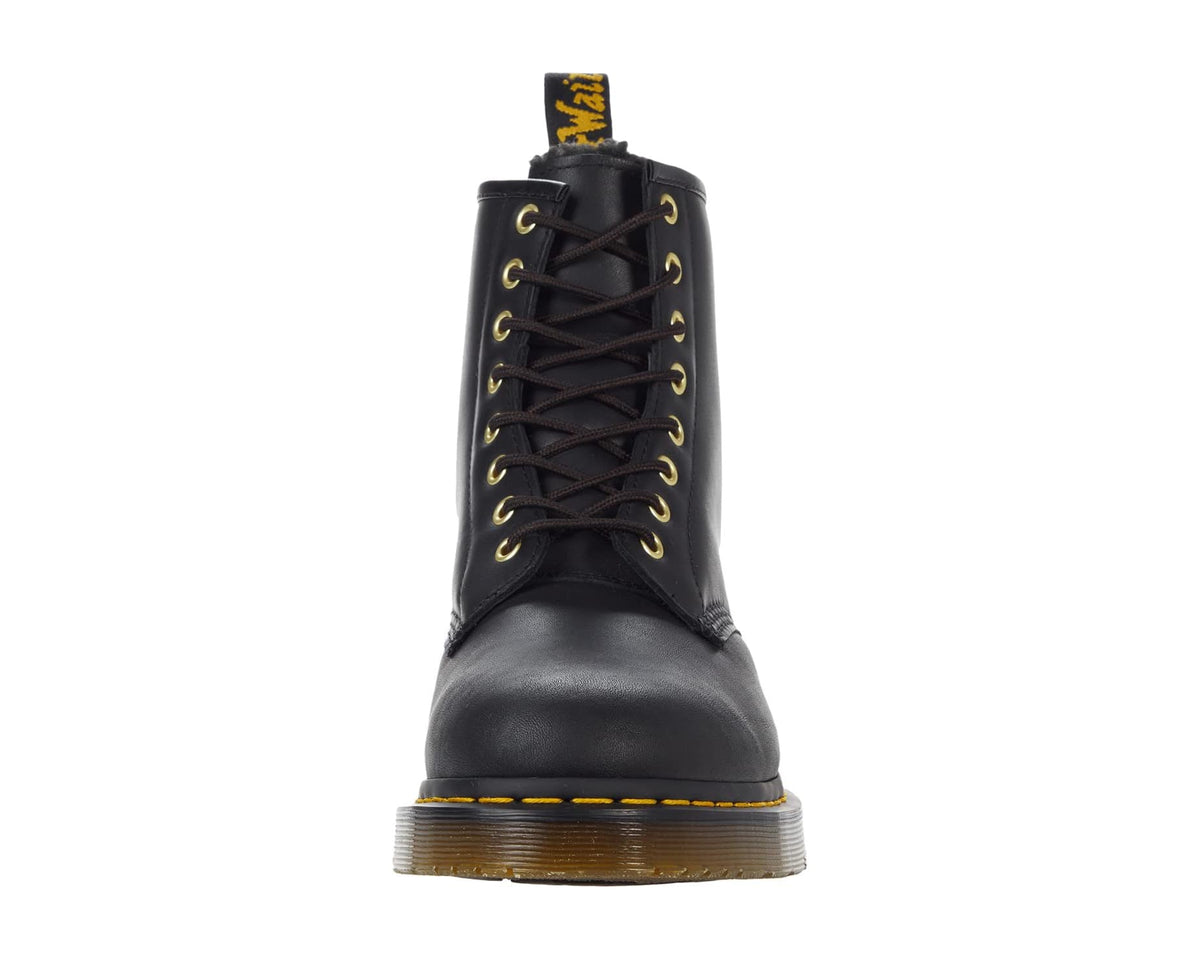 Black waterproof lace-up 8-eye ankle boots with black fur collar and yellow laces