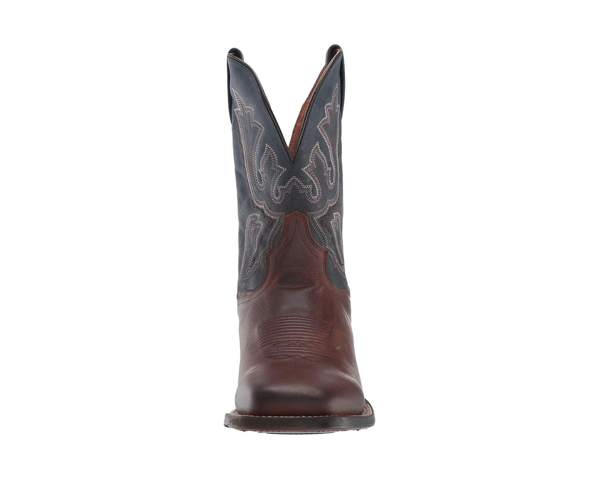 Men's cowboy boots angled front view with dark blue embroidered panels