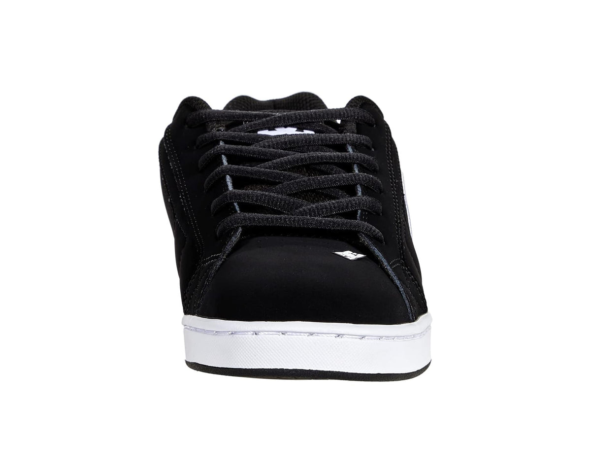 Men's DC skate shoe front view, black laces and white rubber sole edge.