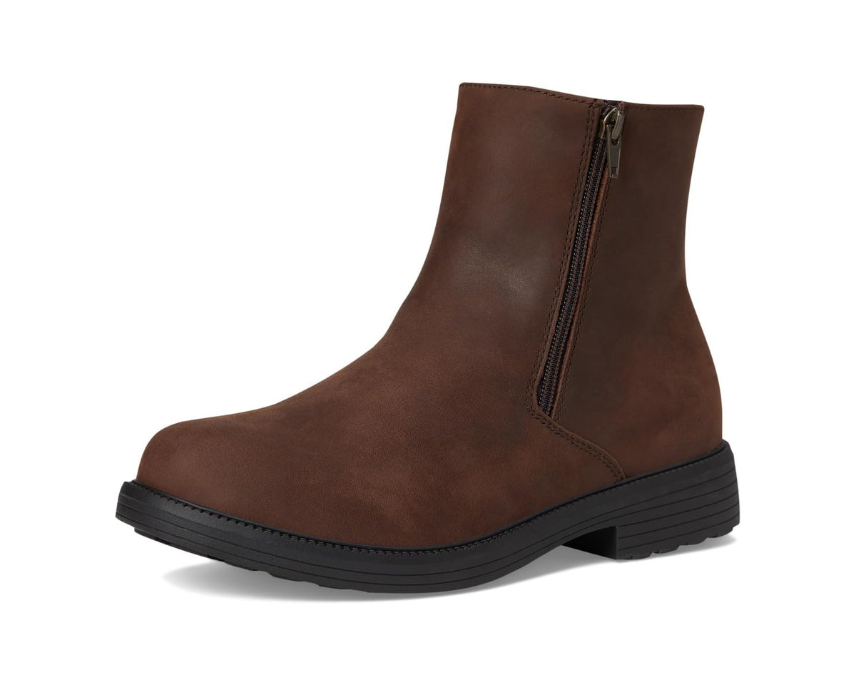 Men's brown ankle boot with side zipper and black tread sole