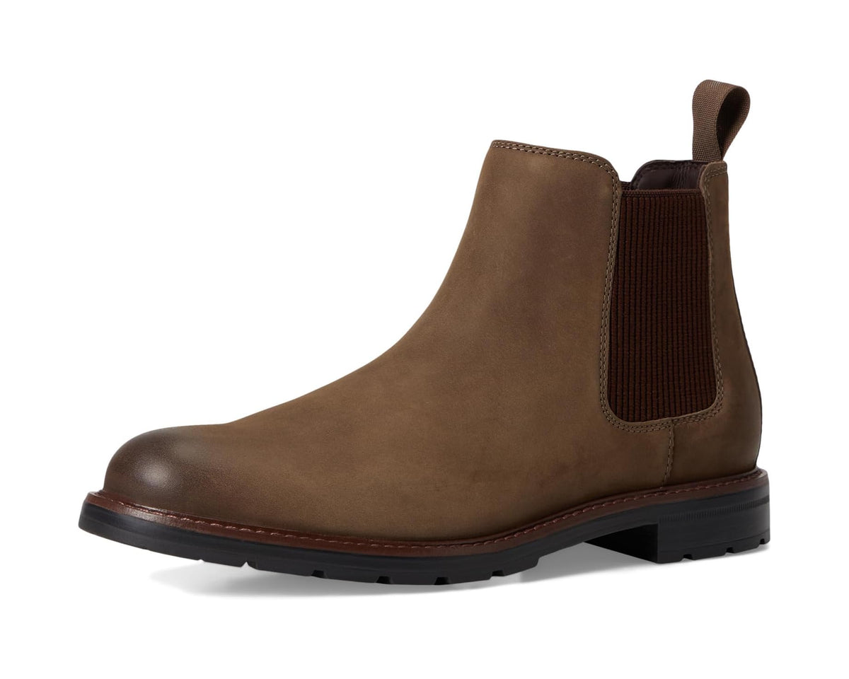 Truffle nubuck Chelsea boot front three-quarter view with black elastic side and tread sole