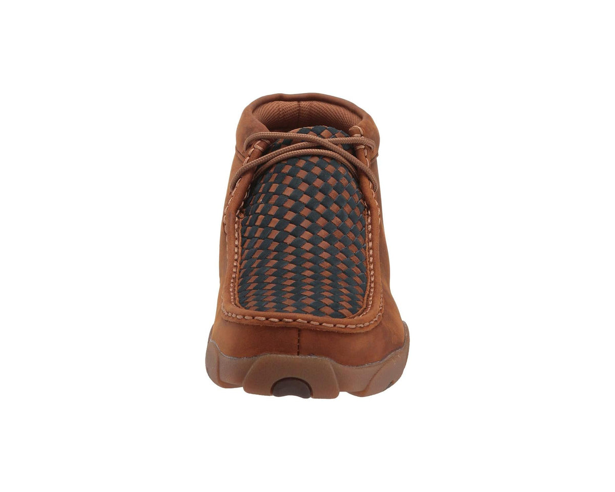 Men's chukka boot rear view showing woven midnight blue panel and lace-up collar