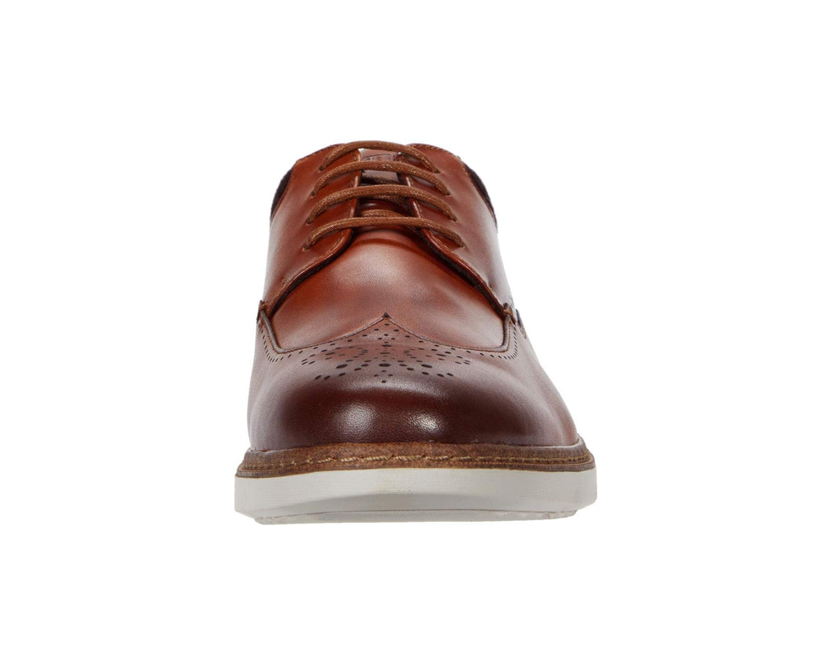 Men's cognac lace-up oxford with wingtip detailing and low profile sole
