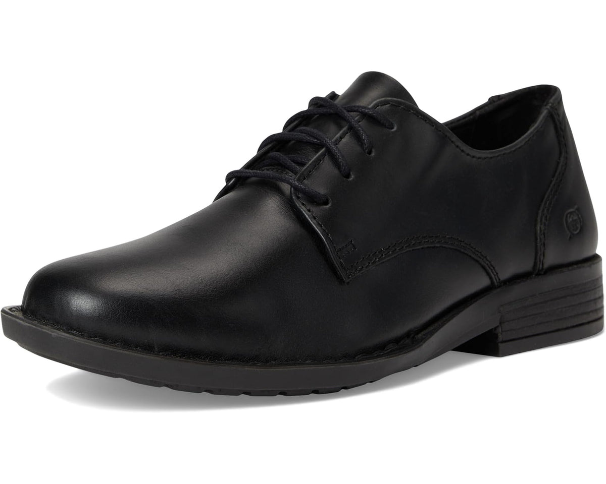 Men's black lace-up Oxford shoe front view with cap-toe design and low heel.