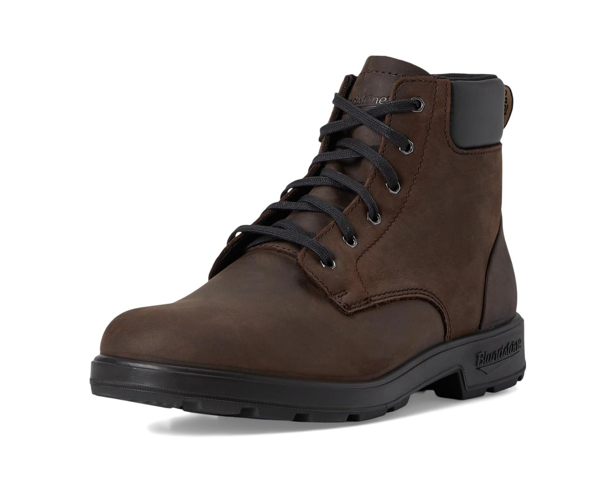 Unisex Blundstone brown suede ankle boots, single boot front view with black sole